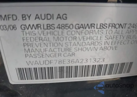 2006 Audi A4 2.0T from USA, damaged, VIN WAUDF78E36A231323